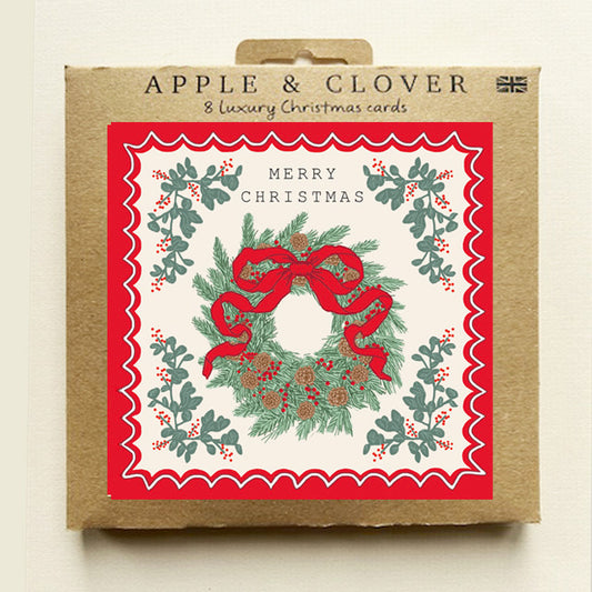 CP019-Apple & Clover-Wreath Scalloped Border-Xmas Card Pack-8 Pk Christmas Boxed Cards