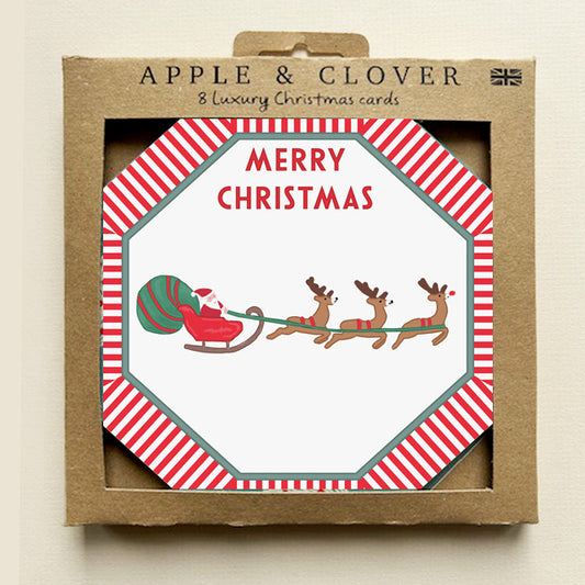 CP020-Apple & Clover-Santa'S Sleigh Octagon Shape-Xmas Card Pack-8 Pk Christmas Boxed Cards