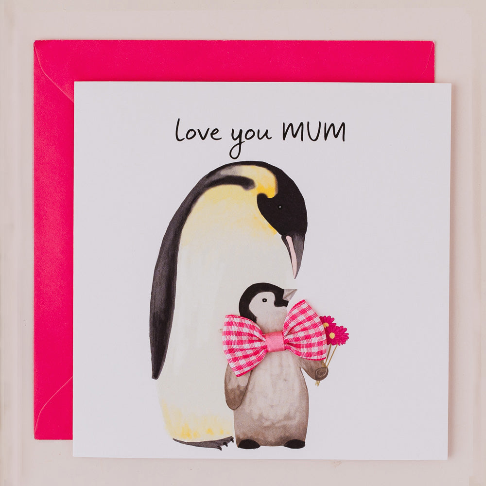 DT047-Apple & Clover-Love You Mum Penguins-Card-Bow