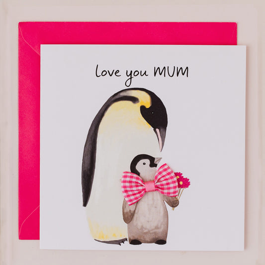 DT047-Apple & Clover-Love You Mum Penguins-Card-Bow