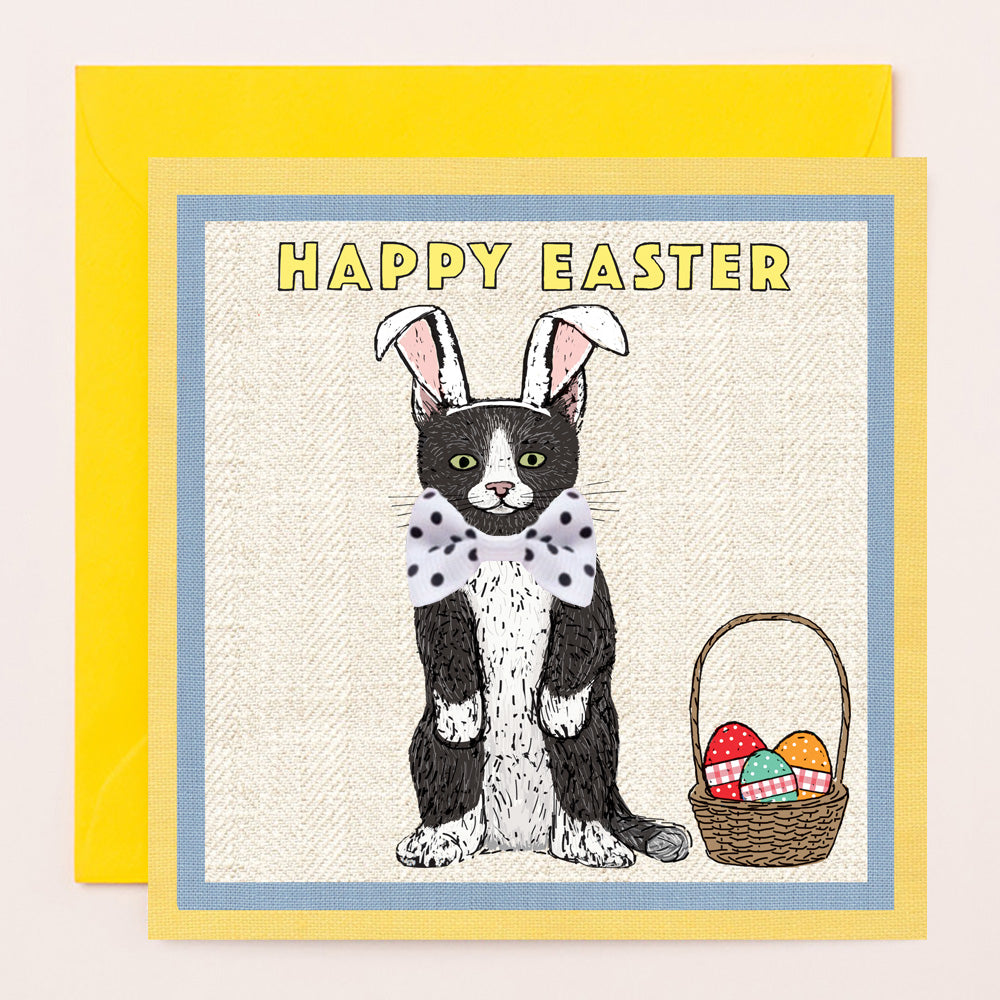 EA003-Apple & Clover-Easter Cat With Bunny Ears Greetings Card-Card-Easter Bows