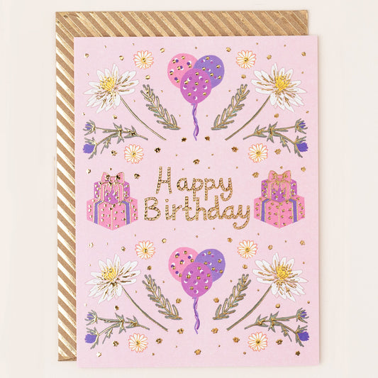 RE073-Apple & Clover-Birthday Flowers And Balloons Pink Card-Card-Reflections