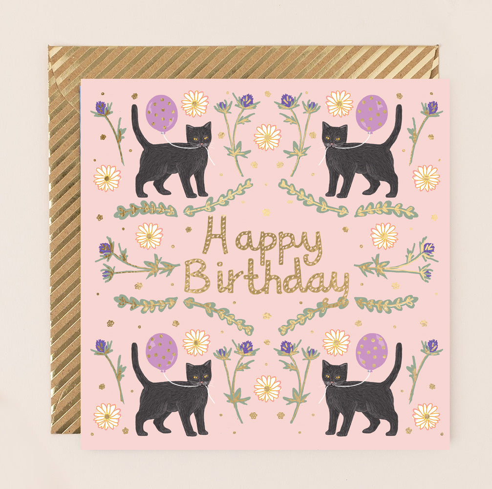 RE208-Apple & Clover-Black Cats And Flowers Birthday Card Pink-Card-