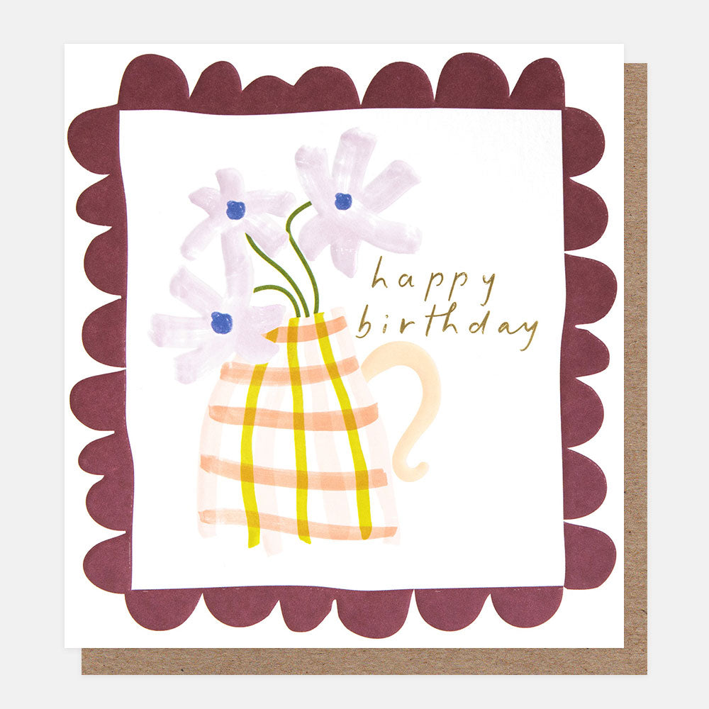BOD001-Caroline G-Lilac Flowers In Checked Vase Scallop Border-Card-Border