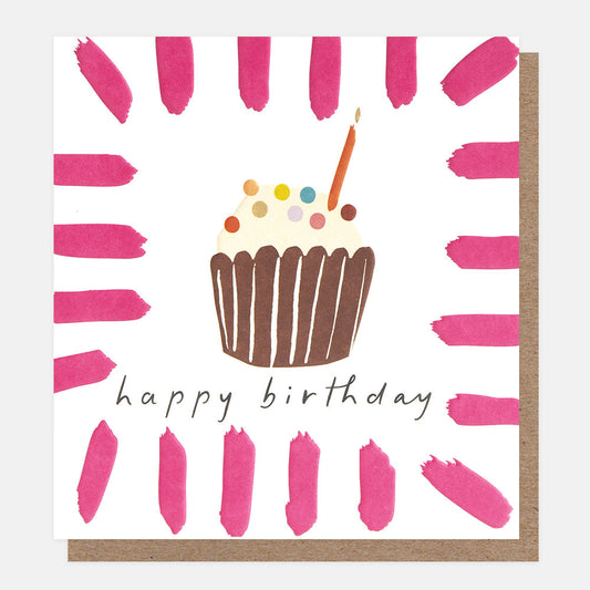 BOD003-Caroline G-Happy Birthday�Cupcake With Pink Brush Border-Card-Border