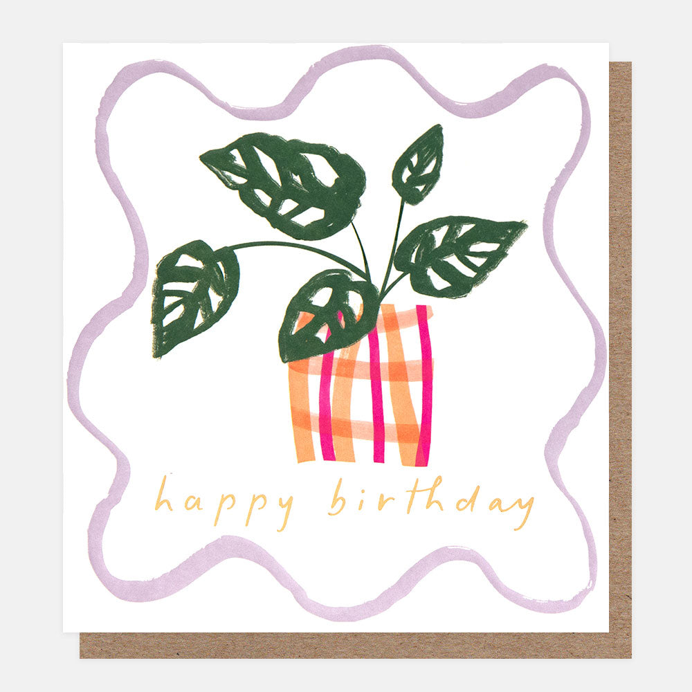 BOD008-Caroline G-Happy Birthday�Monstera Plant In Checked Pot-Card-Border