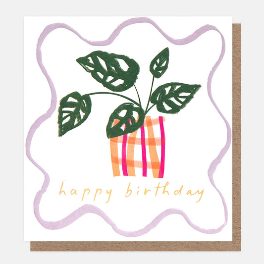BOD008-Caroline G-Happy Birthday�Monstera Plant In Checked Pot-Card-Border