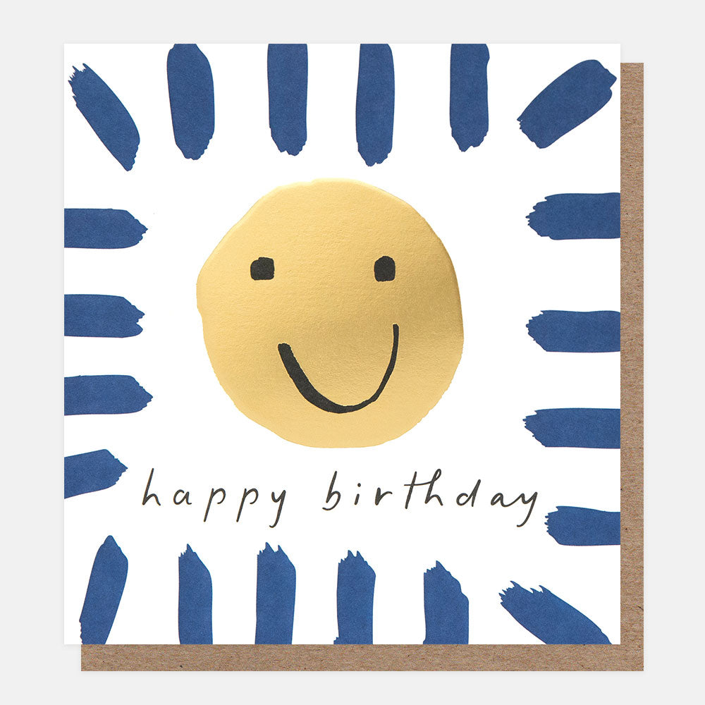 BOD010-Caroline G-Happy Birthday Gold Smiley With Blue Border-Card-Border