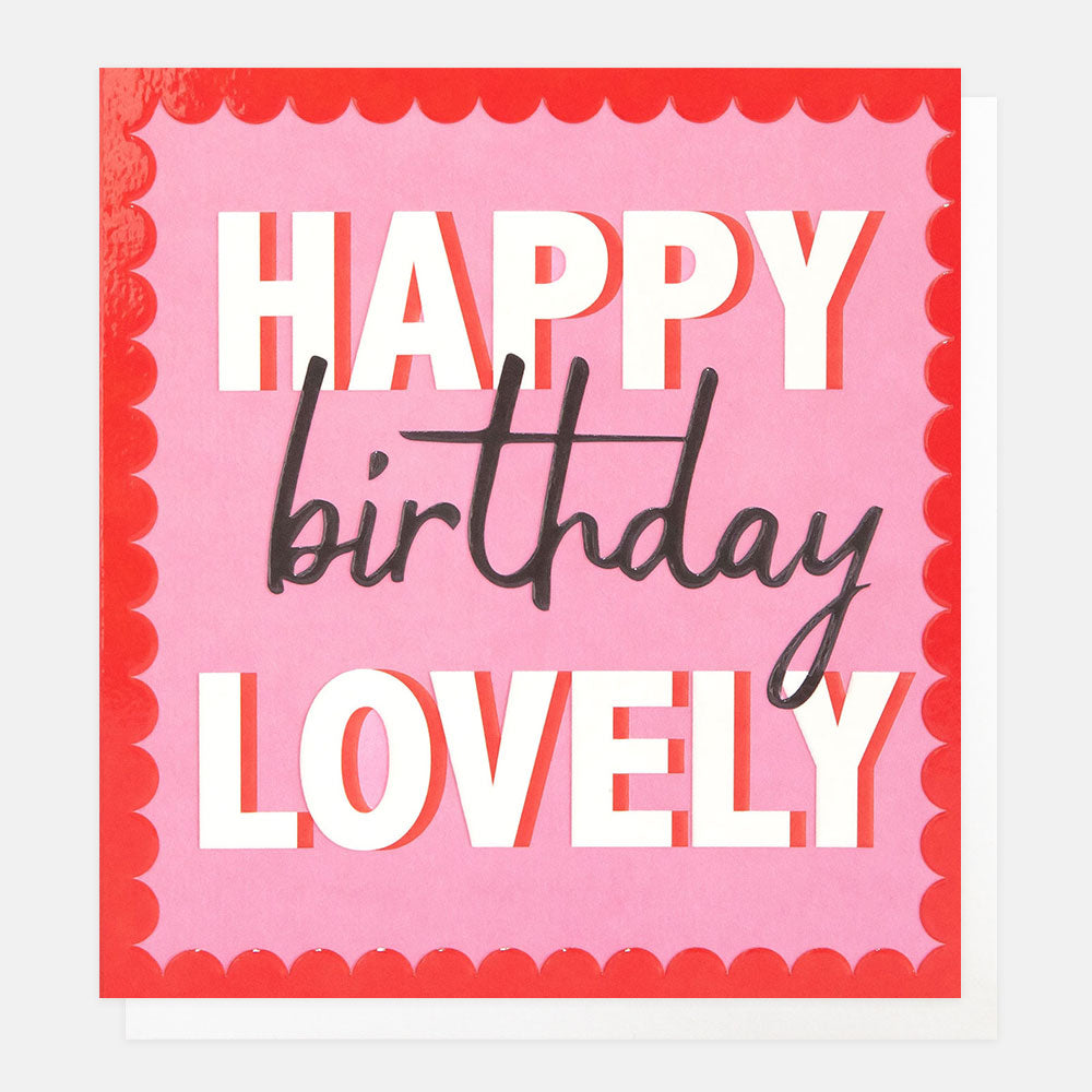 BRI001-Caroline G-Happy Birthday Lovely Pink With Red Scallop Border-Card-Bright Side