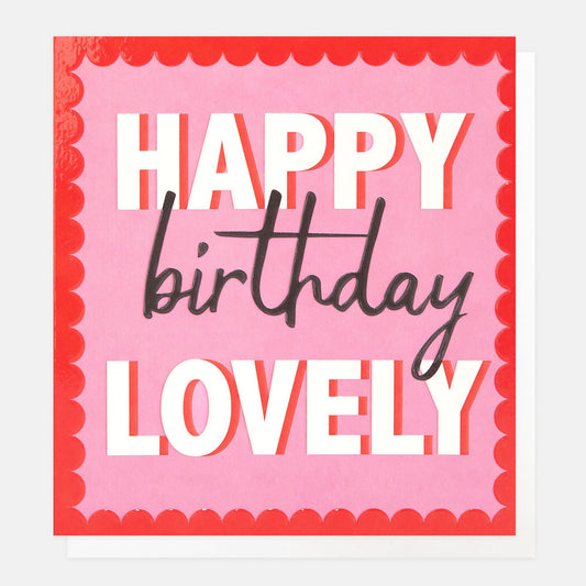 BRI001-Caroline G-Happy Birthday Lovely Pink With Red Scallop Border-Card-Bright Side