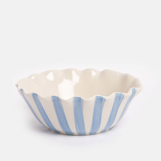 BWL101-Caroline G-Blue Outside Stripe/Lemon Motif Frilly Bowl-Bowl-At Home
