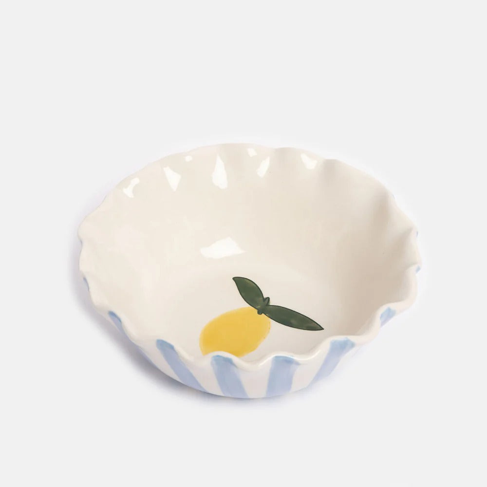 BWL101-Caroline G-Blue Outside Stripe/Lemon Motif Frilly Bowl-Bowl-At Home