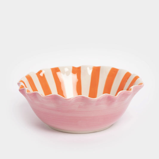 BWL103-Caroline G-Coral Inside Stripe/Layered Hearts Frilly Bowl-Bowl-At Home