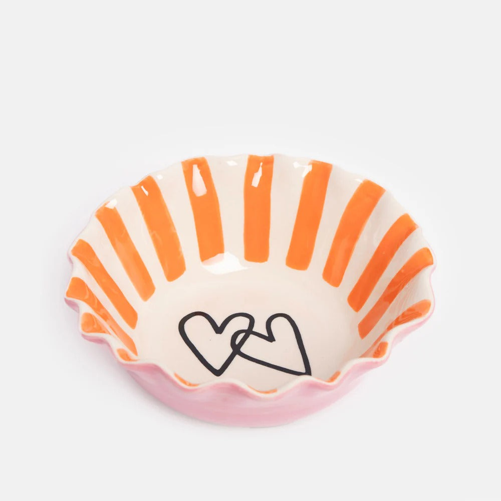 BWL103-Caroline G-Coral Inside Stripe/Layered Hearts Frilly Bowl-Bowl-At Home