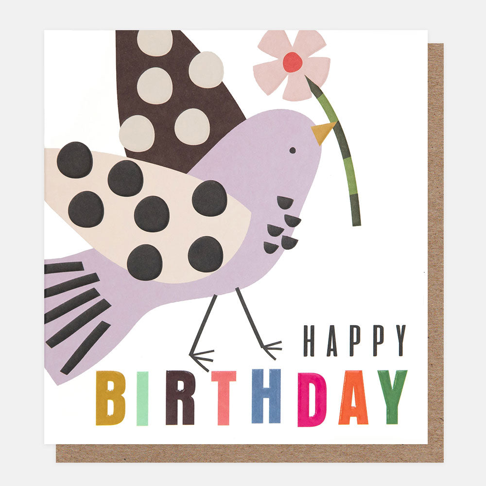 CHQ008-Caroline G-Happy Birthday Spotty Bird With Flower-Card-Chequered