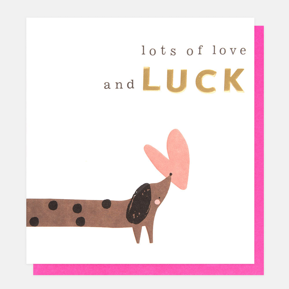 CLP017-Caroline G-Lots Of Love & Luck Sausage Dog Holding Heart-Card-Colour Pop