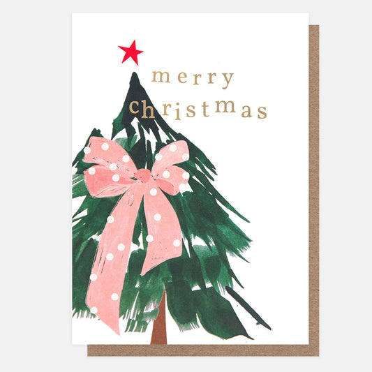 CPX001-Caroline G-Tree With Pink Spotty Bow Merry Christmas -Xmas Card Pack-