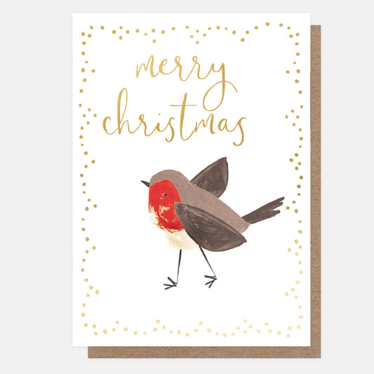 CPX003-Caroline G-Painted Robin Gold Dotty Border Merry Christmas-Xmas Card Pack-