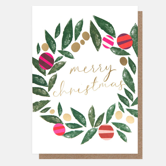 CPX004-Caroline G-Stamp Wreath With Striped Baubles Merry Christmas -Xmas Card Pack-