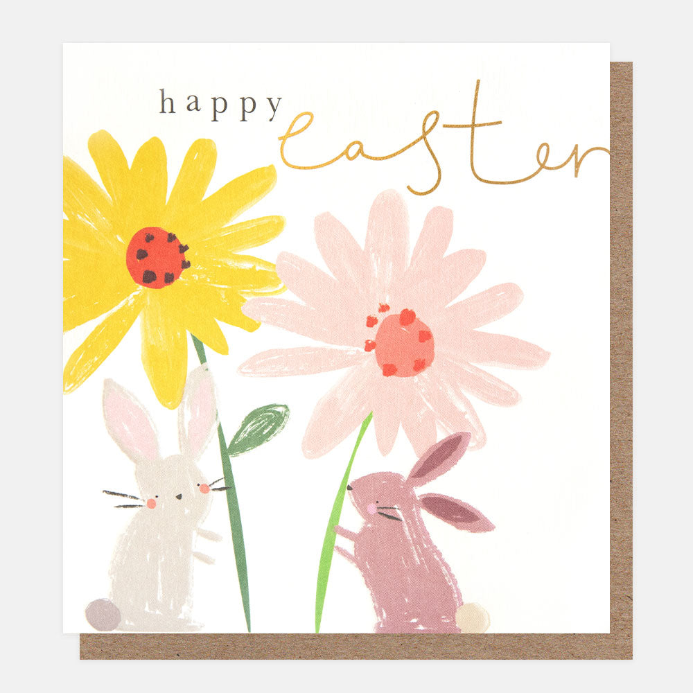 EAS011-Caroline G-Happy Easter Two Bunnies With Flowers-Card-Easter