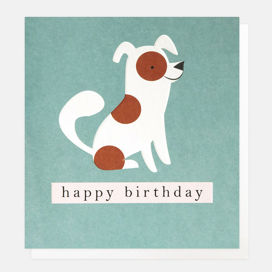 GEO005-Caroline G-Happy Birthday White Spotty Dog On Teal-Card-Geometric