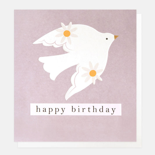 GEO006-Caroline G-Happy Birthday White Bird With Flowers On Lilac-Card-Geometric
