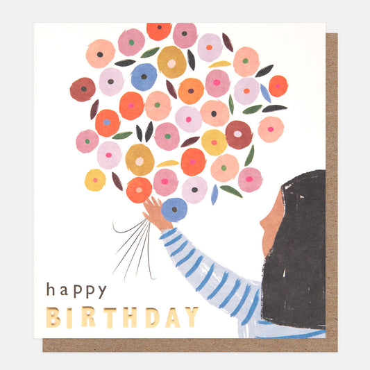 GFG001-Caroline G-Happy Birthday Stripey Top Girl W/ Flower Bouquet-Card-Go Figure