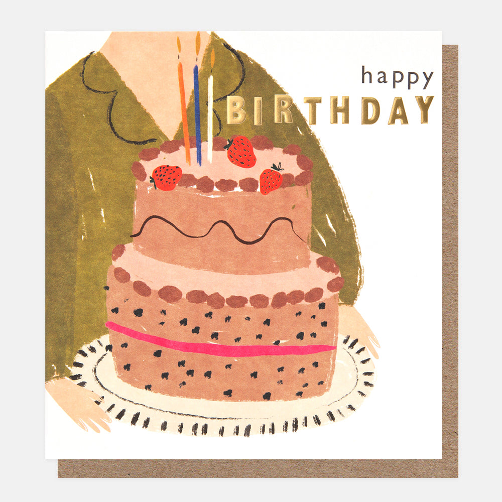 GFG002-Caroline G-Happy Birthday Green Blouse Holding Cake-Card-Go Figure