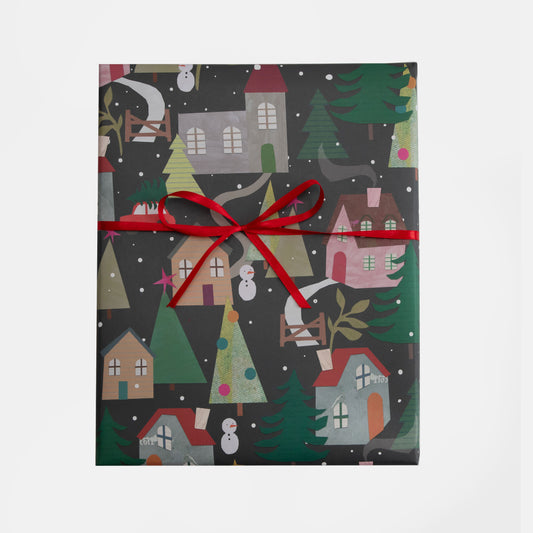 GXE391-Caroline G-Houses & Trees Scene Charcoal-Xmas Wrap-