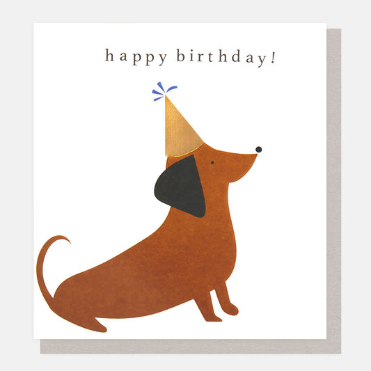 LDN013-Caroline G-Happy Birthday Sitting Sausage Dog In Party Hat-Card-Golden