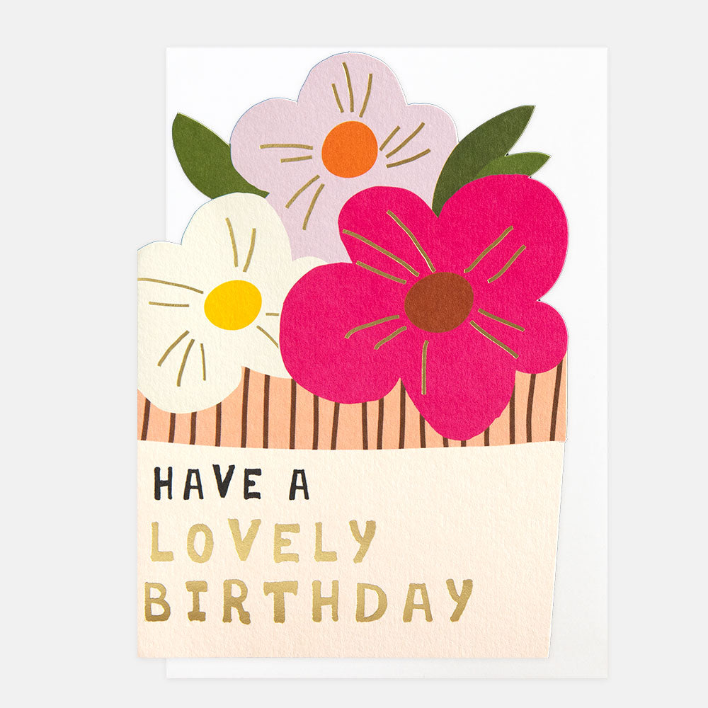 LIT012-Caroline G-Have A Lovely Birthday 3 Flowers In Plant Pot-Card-Little Treats