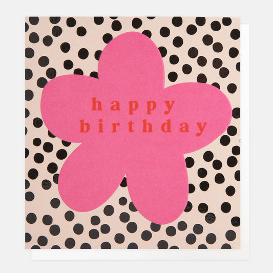 LOT001-Caroline G-Happy Birthday Pink Flower On Dotty-Card-Lots Of Love