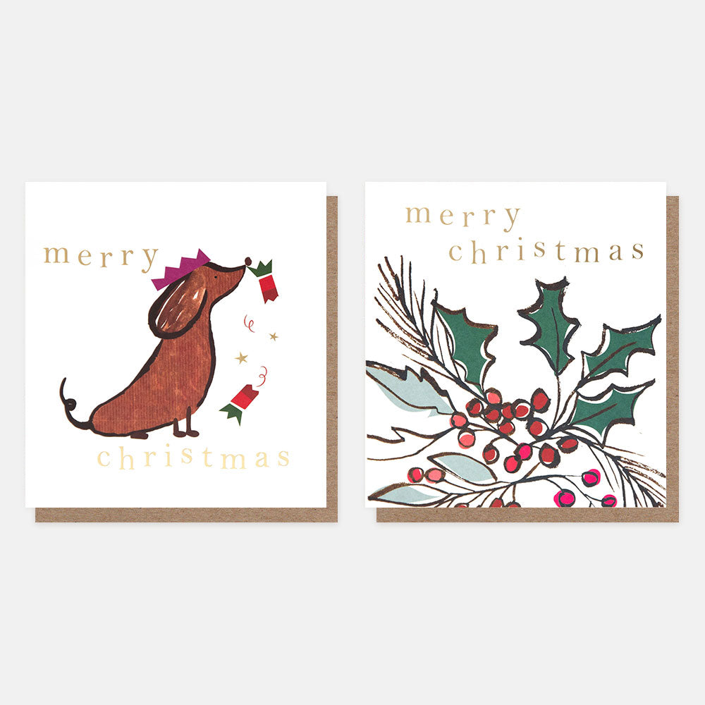 MDX050-Caroline G-Sausage Dog/Holly & Berries Mixed Pack-Xmas Card Pack-