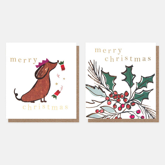 MDX050-Caroline G-Sausage Dog/Holly & Berries Mixed Pack-Xmas Card Pack-