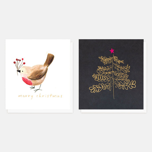 MDX054-Caroline G-Painted Robin/Gold Outline Tree Mixed Pack-Xmas Card Pack-