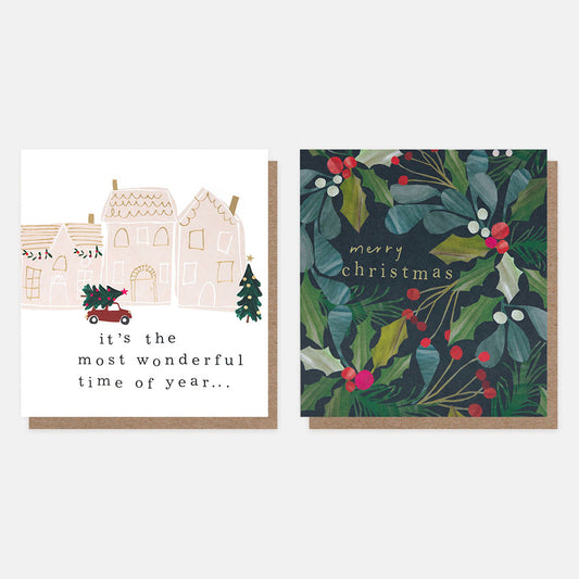 MDX055-Caroline G-Houses Scene/Collage Foliage Mixed Pack-Xmas Card Pack-