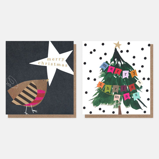 MDX056-Caroline G-Stripeycollage Robin/Tree With Bunting� Mixed Pack-Xmas Card Pack-