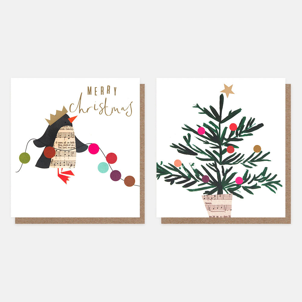 MDX057-Caroline G-Music Notes Collaged Penguin/Tree� Mixed Pack-Xmas Card Pack-