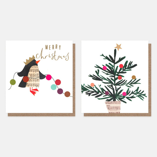 MDX057-Caroline G-Music Notes Collaged Penguin/Tree� Mixed Pack-Xmas Card Pack-