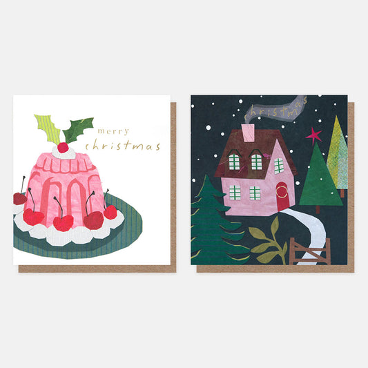 MDX058-Caroline G-Pink Blancmange/Collage House� Mixed Pack-Xmas Card Pack-