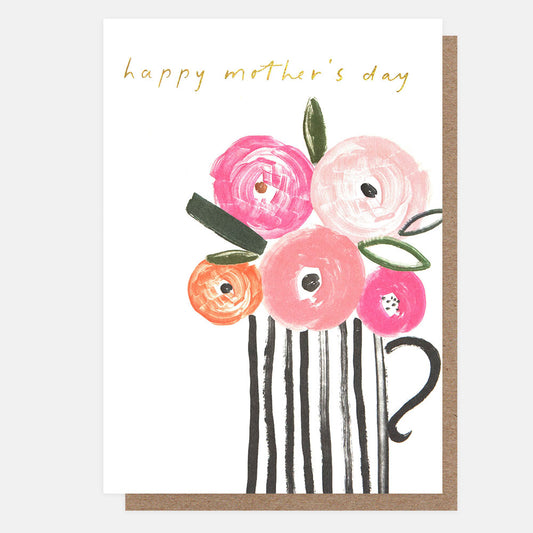 MTH033-Caroline G-Happy Mother'S Day Black Stripey Vase With Flowers-Card-