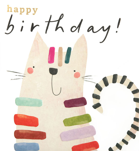 PLY008-Caroline G-Happy Birthday Cat With Multi Stripes-Card-