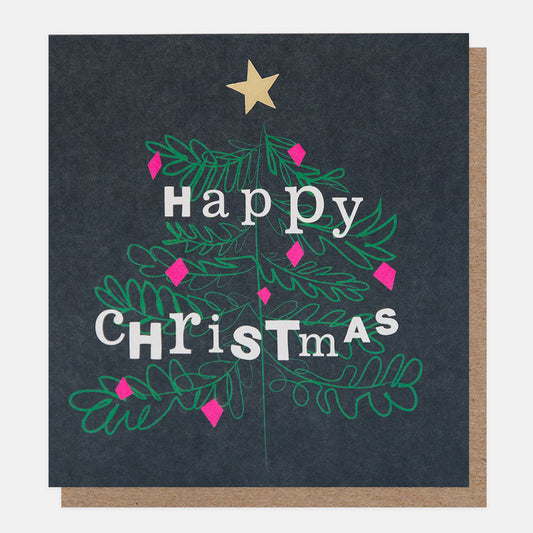 PNT622-Caroline G-Tree With Pink Diamonds On Charcoal Happy Christmas-Xmas Card Pack-