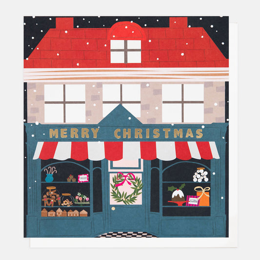 PNT625-Caroline G-Shop Front Snowy Night Merry Christmas-Xmas Card Pack-