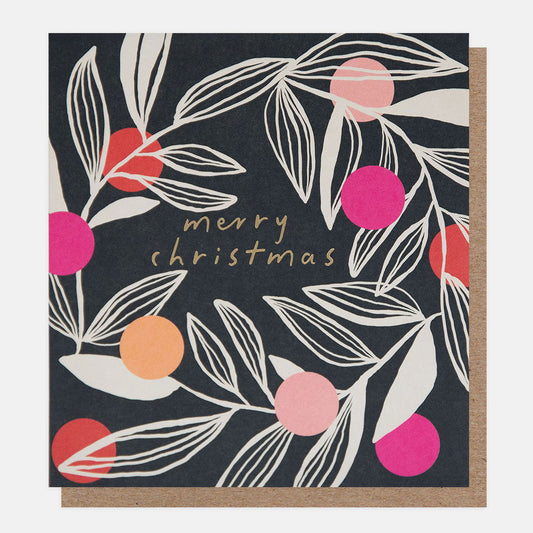 PNT628-Caroline G-Cream Foliage On Charcoal Merry Christmas -Xmas Card Pack-