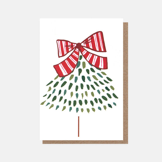 PQX212-Caroline G-Dashed Tree With Red Stripey Bow Blank-Xmas Card Pack-