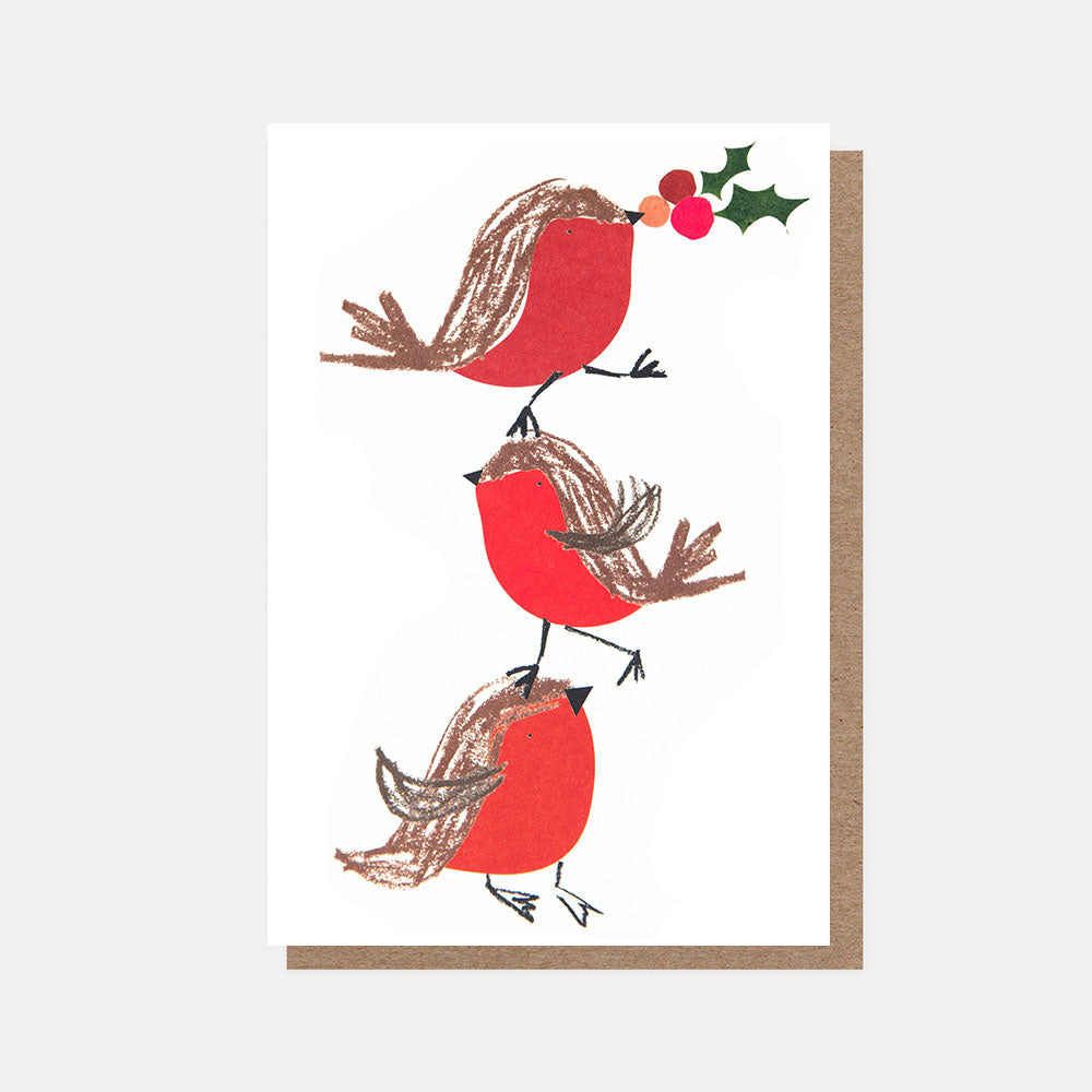 PQX215-Caroline G-Stacked Robins With Holly Blank-Xmas Card Pack-