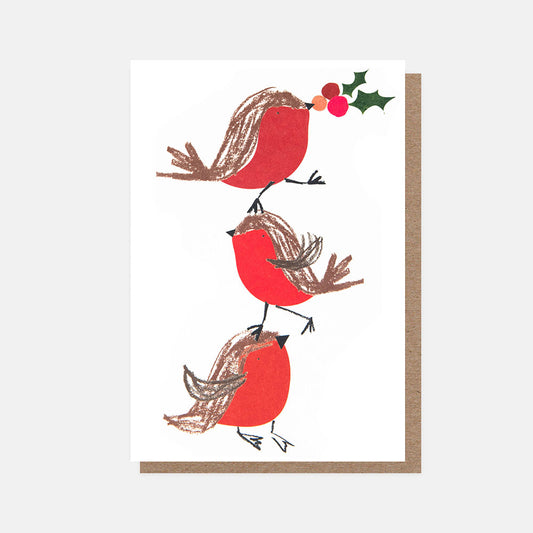 PQX215-Caroline G-Stacked Robins With Holly Blank-Xmas Card Pack-