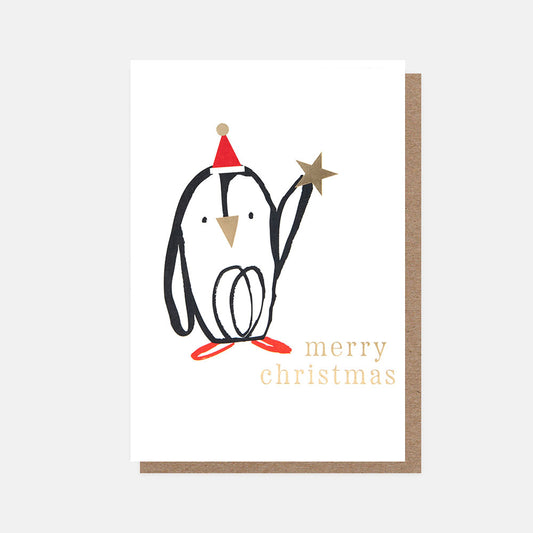 PQX216-Caroline G-Outline Penguin With Star & Hat Merry Christmas -Xmas Card Pack-