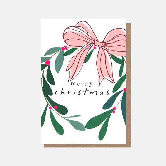 PQX217-Caroline G-Wreath With Pink Bow Merry Christmas-Xmas Card Pack-